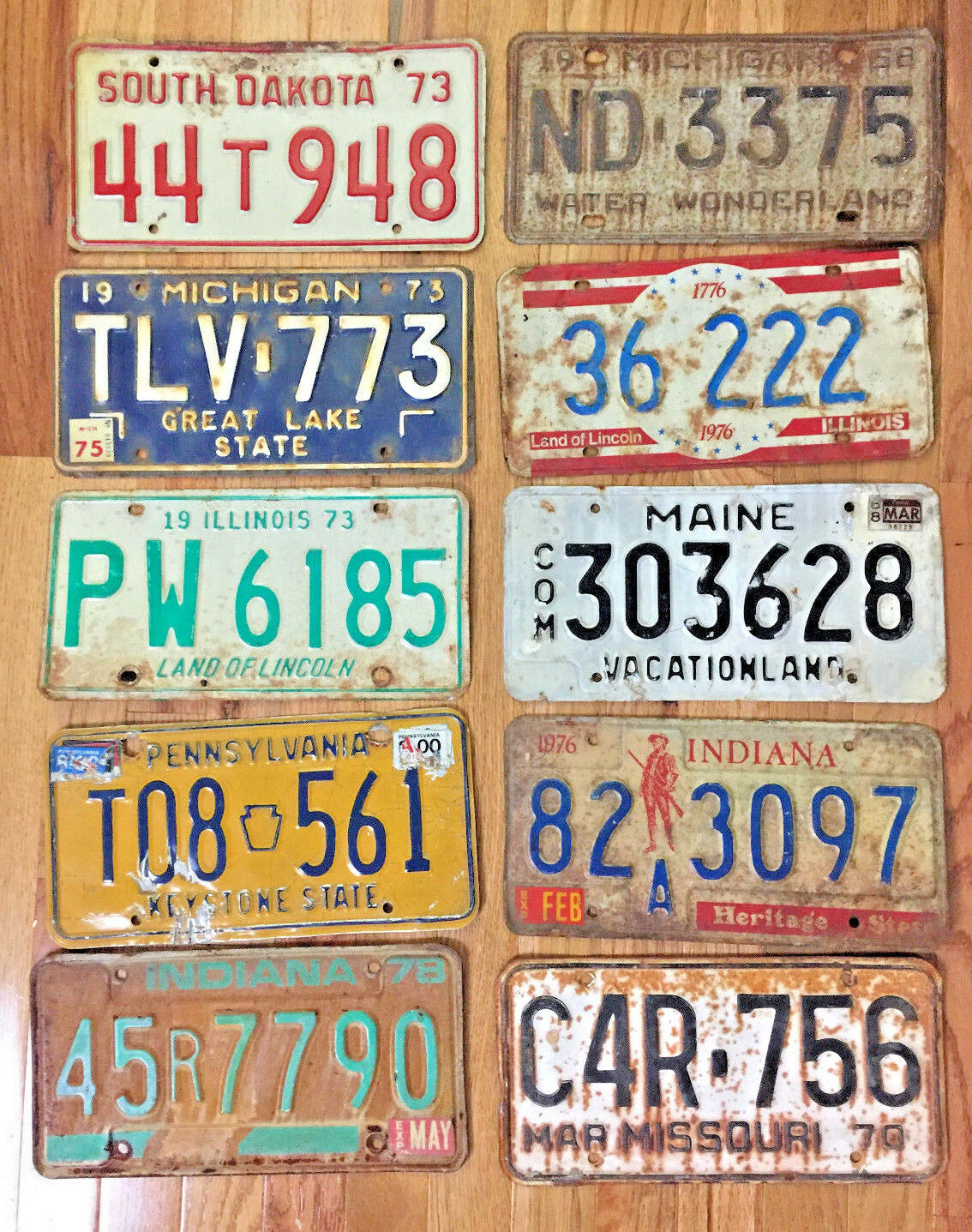 10 Pack Of Rustic/worn License Plates From At Least 7 Different States