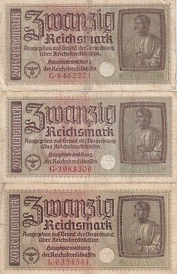 Lot, Germany Wwii, 20 Reichsmark 1940-1945  3 Pcs  (l25)
