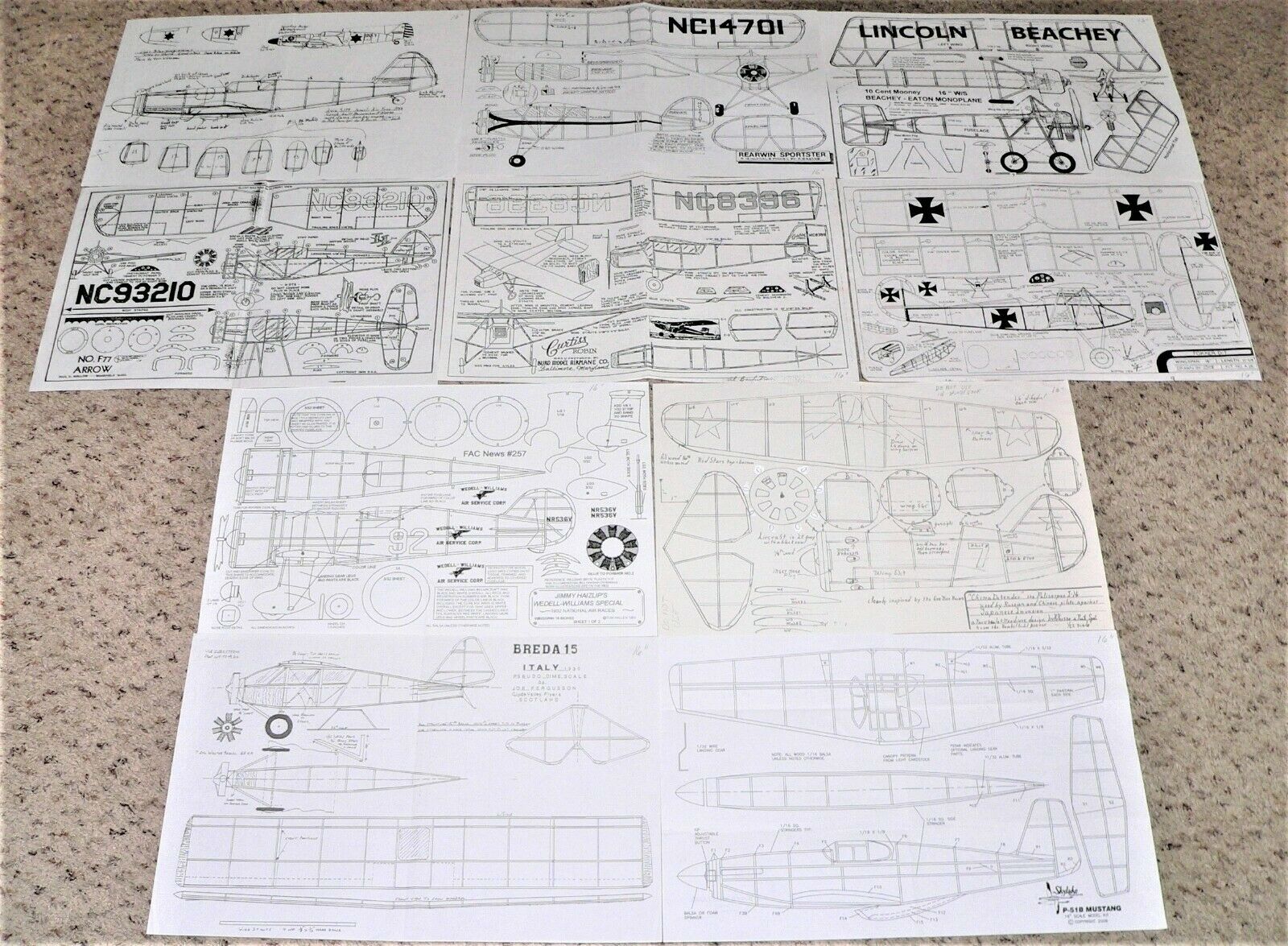 10 Assorted Plans #1, Rubber-powered Free-flights, Dime Scale (16" Wingspans)
