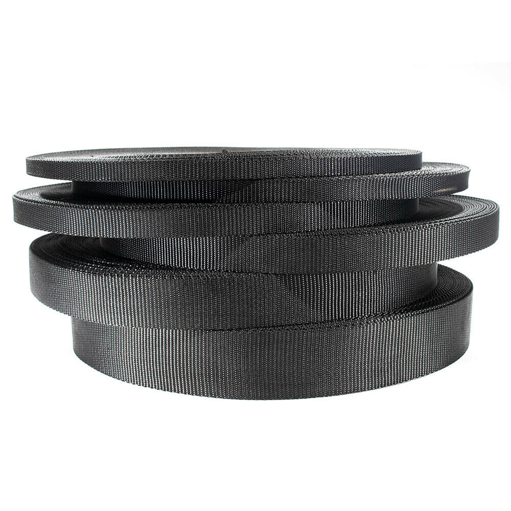 Black All-purpose Nylon Webbing Strap Heavy Duty Flat Rope - Many Size Options
