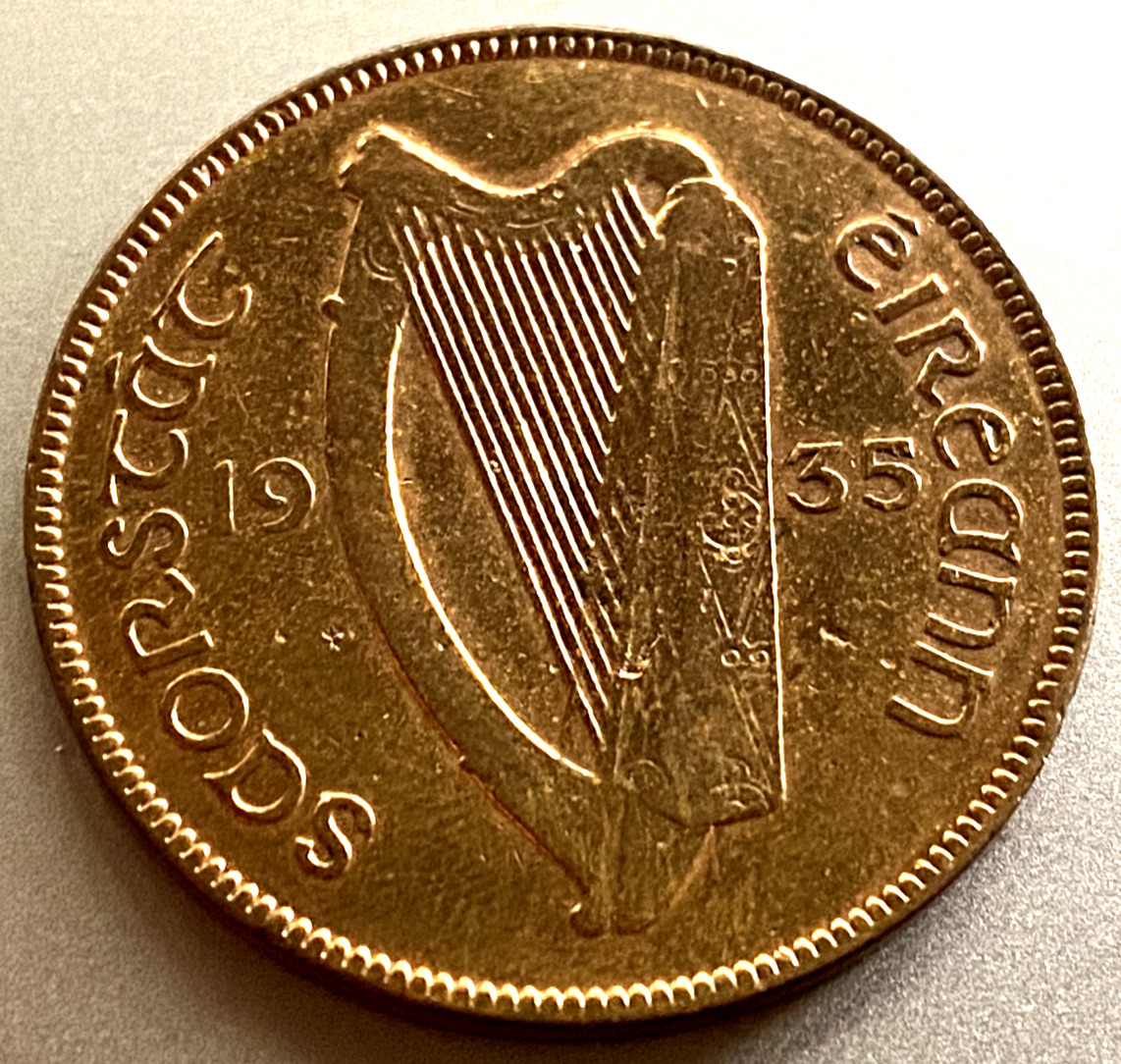 1935 Irish One Penny Coin Old Ireland 1d Harp And Hen. Au Condition.