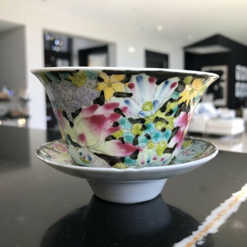 Antique Signed Chinese Jiangxi Republic Porcelain Millefleur Cup Saucer #1 Of 2