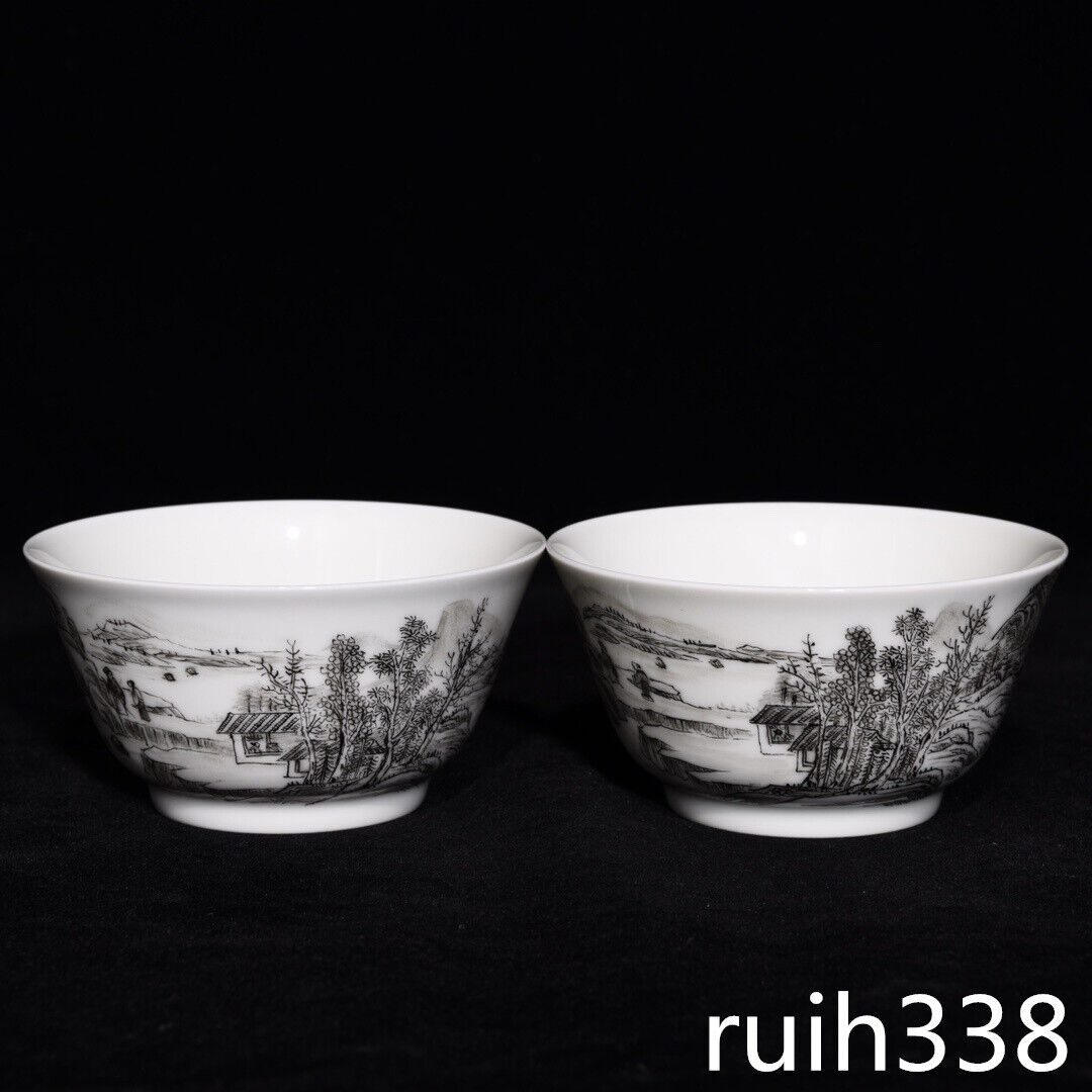 Rare China Antique Qing Dynasty Yongzheng Ink Color Landscape Figures A Pair Cup